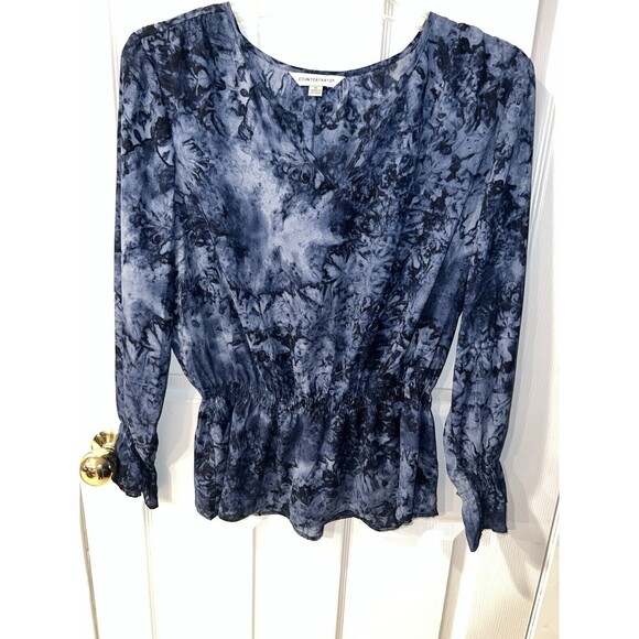 Counterparts Blouse Womens XL Blue Marbled Elastic Waist Top Split Neck Fairy - Picture 7 of 7